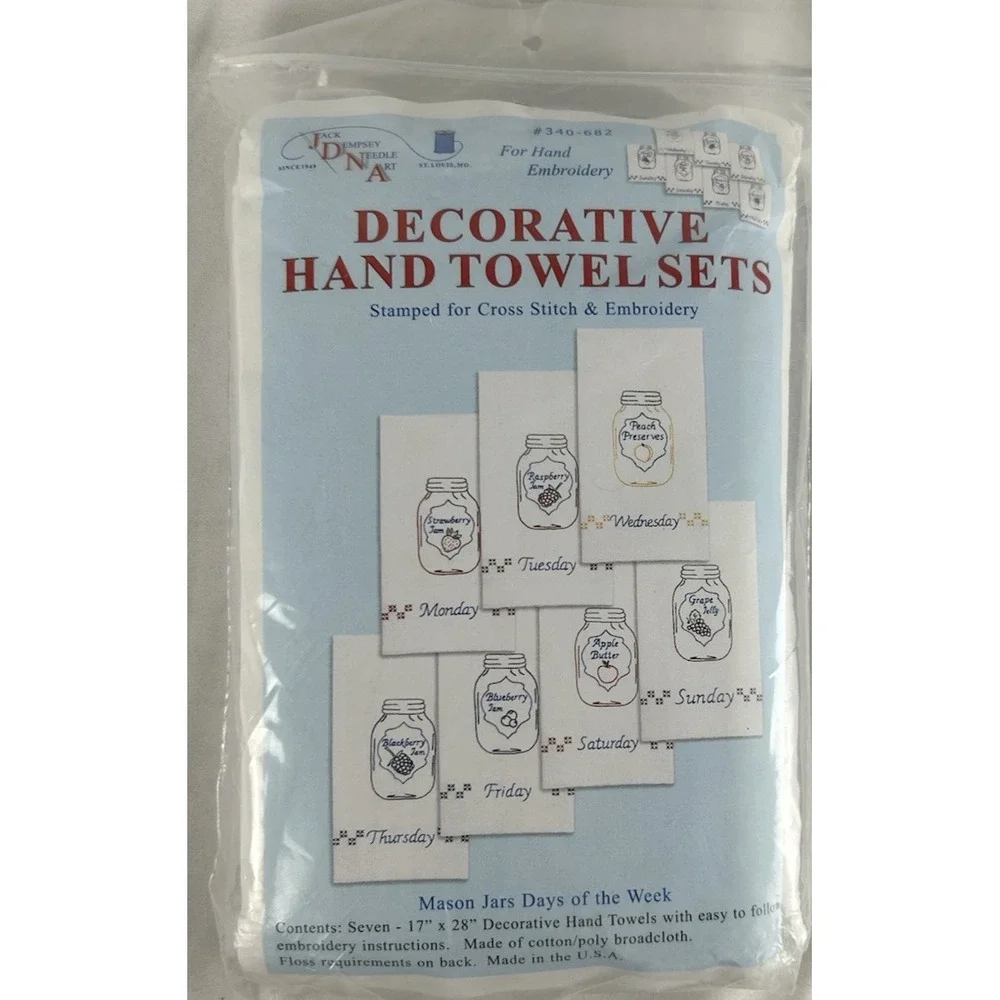 JDNA Decorative Hand Towel Set Mason Jars Days Of The Week Stamped New